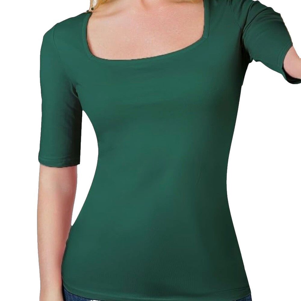 Amazon Essentials Square Neck T Shirt Knit Top Blouse 1/2 Sleeve Green S